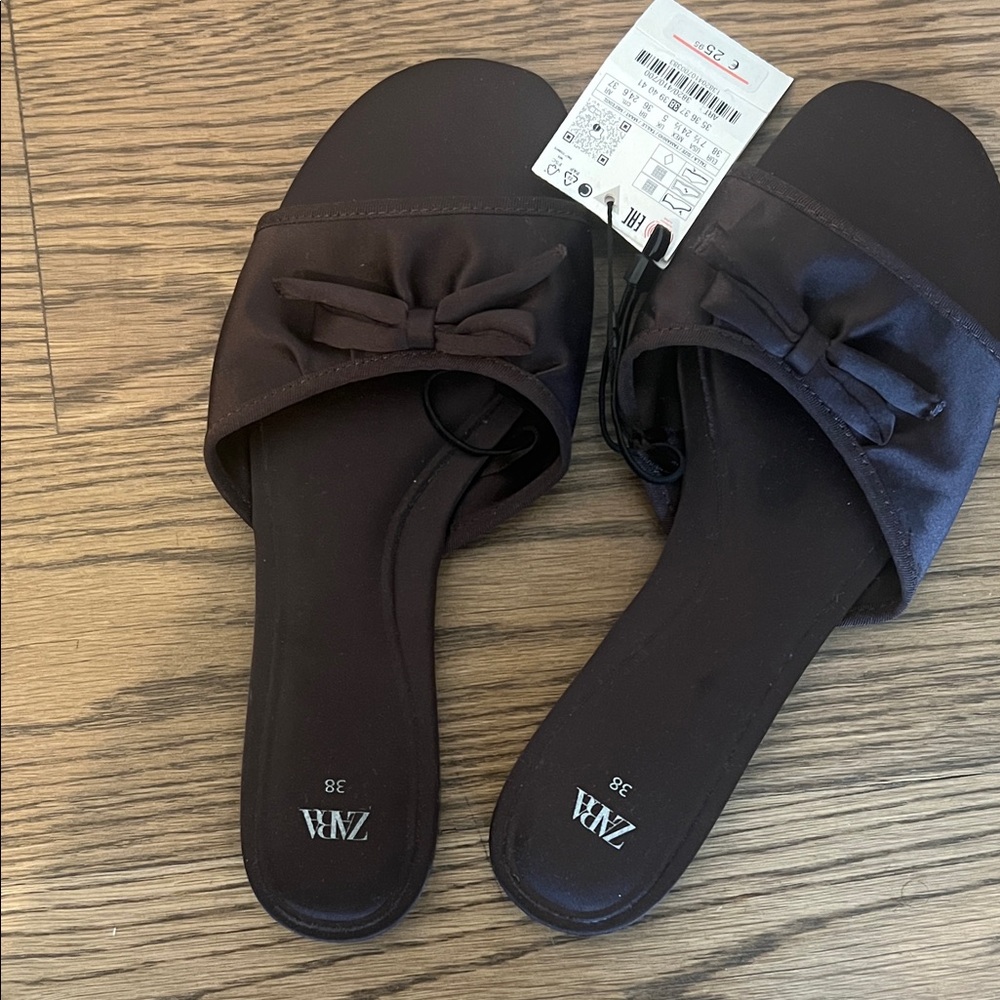 Zara Women's Dark Satin Brown Bow Slide Sandals